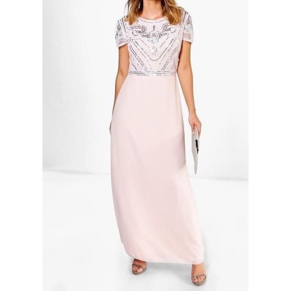 Boohoo Boutique Nude Embellished Maxi Dress Size 10 Formalâ Evening Gown NWT